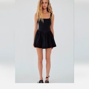 Zara Black Mini Dress with Square Neck and Flared Skirt